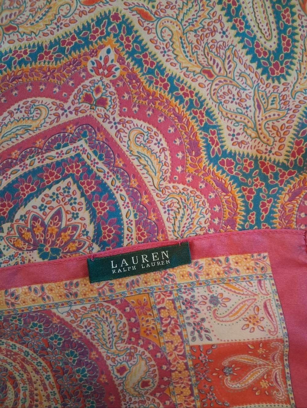 VINTAGE Ralph Lauren Pink Teal Gold Paisley Silk Scarf